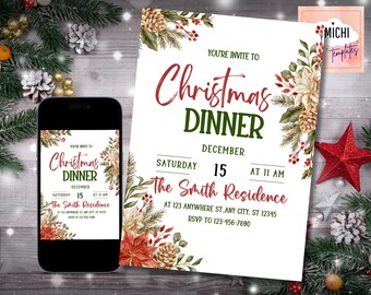 Puede incluir: Una invitación a una cena de Navidad con detalles florales y piñas. El texto de la invitación dice "Estás invitado a la cena de Navidad" con la fecha, hora y dirección. Un smartphone muestra la misma invitación.