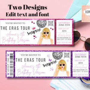Überraschungs-Musik-Ticket-Stub, Einladung zum Mädchen-Geburtstag, Eras-Konzert-Erinnerungsstücke und Geburtstagsgeschenk, Eras-Tour-Party, Teenager-Einladung