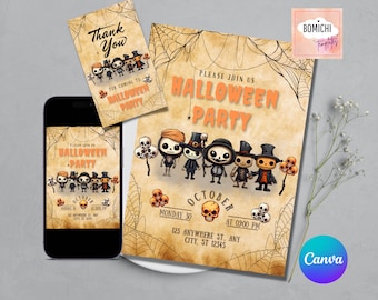 Skeleton Halloween Party Invitation, Editable Canva Template