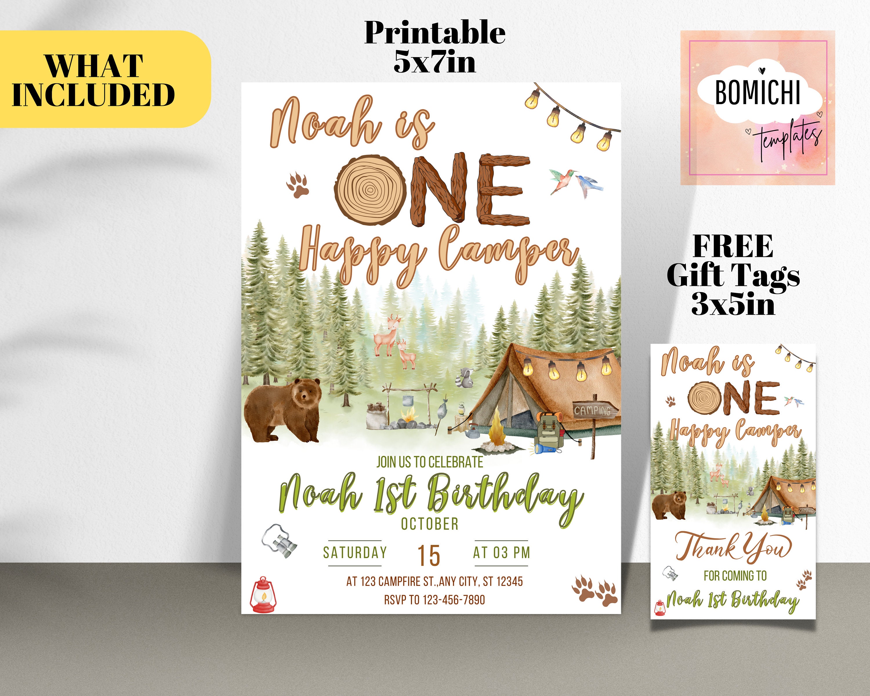 One Happy Camper Birthday Invitation Template, Camping 1st Birthday One Happy Camper Birthday Invitation Template, Camping 1st Birthday