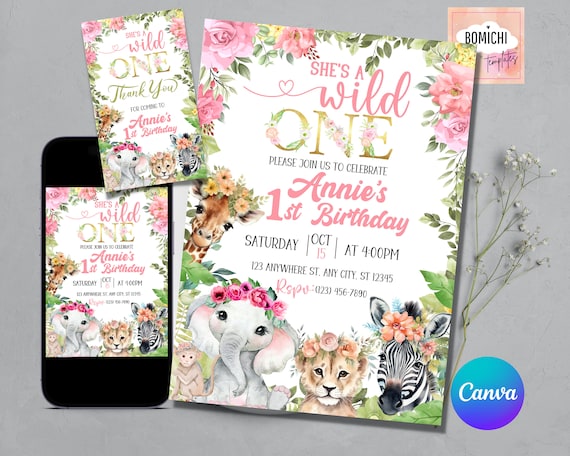 Wild One Birthday Invitation, Safari Animals, Thank You Tag (Digital)
