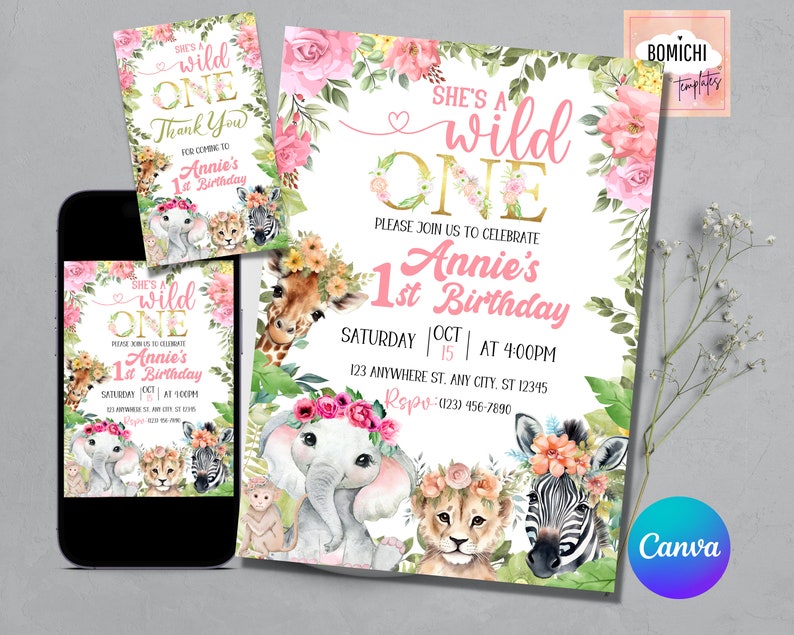 May include: A pink and gold "She's a Wild One" first birthday party invitation with a floral border and jungle animal illustrations. The invitation includes the text "Please join us to celebrate Annie's 1st Birthday" and details for the party, including the date, time, and location.
