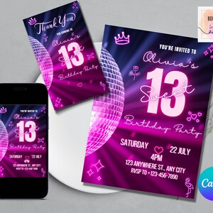 Editable Neon 13th Birthday Invitation, Neon Pink Birthday Invitation, Neon Thank You Tag