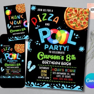 Invito per festa in piscina a tema pizza, invito modificabile per festa in piscina, compleanno tropicale per bambino, invito per compleanno fratello, tag di ringraziamento GRATUITO