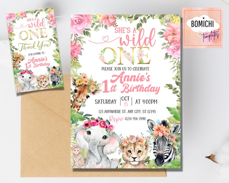 May include: Pink and green jungle-themed first birthday party invitation with a watercolor illustration of a giraffe, elephant, lion, and zebra wearing floral crowns. The text reads "She's a Wild One" and "Annie's 1st Birthday".