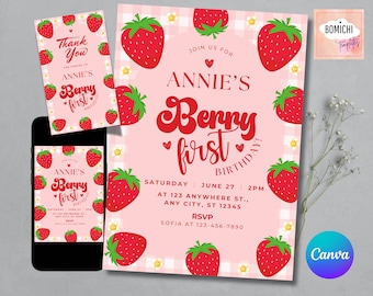 Berry First Birthday Invitation Template, Strawberry Theme (Printable)