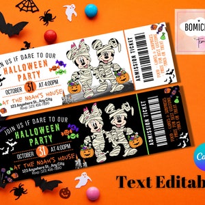 May include: Two printable Halloween party admission tickets featuring Mickey Mouse and Minnie Mouse dressed as mummies. The tickets are black and white with green and red accents. The text on the tickets reads "Join us if dare to our Halloween Party" and "October 31 at 4:00pm".