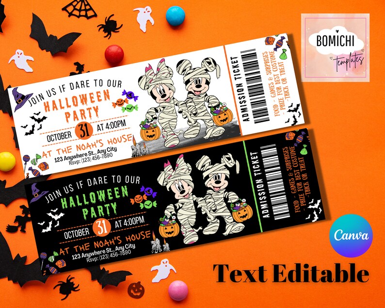 May include: Two printable Halloween party admission tickets featuring Mickey Mouse and Minnie Mouse dressed as mummies. The tickets are black and white with green and red accents. The text on the tickets reads "Join us if dare to our Halloween Party" and "October 31 at 4:00pm".