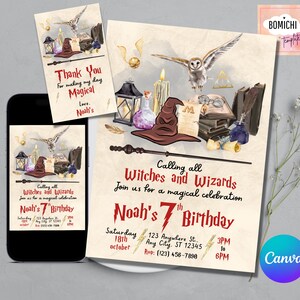Editable Wizard Birthday Invitation, Magical Birthday Party Invite, Magic School Wizardry Birthday Party Instant Download, FREE Thanks tag