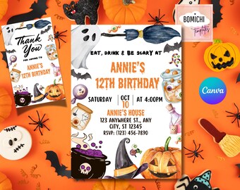 May include: Halloween-themed birthday party invitations and thank you cards. The invitation reads "Eat, Drink & Be Scary at Annie's 12th Birthday" with a date, time, and address. The thank you card says "Thank You for coming to Annie's 12th Birthday".