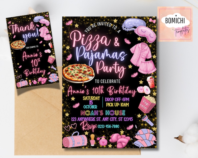 Puede incluir: Una invitaci&oacute;n negra y dorada para una fiesta de pizza y pijamas para celebrar el d&eacute;cimo cumplea&ntilde;os de Annie. La invitaci&oacute;n presenta una pizza, una ni&ntilde;a en pijama y un cubo de palomitas de ma&iacute;z. El texto de la invitaci&oacute;n dice "Est&aacute;s invitado a una fiesta de Pizza y Pijamas para celebrar el d&eacute;cimo cumplea&ntilde;os de Annie. S&aacute;bado, 15 de octubre. Deja: 6pm. Recoge: 10am. Casa de No&eacute;. 123 Anywhere St. Any City, ST 12345. RSVP: (123) 456-7890."