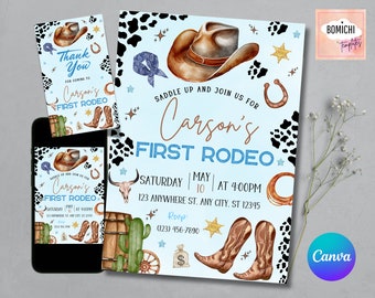 First Rodeo Birthday Invitation Template, Wild West Cowboy Invite (Editable in Canva)