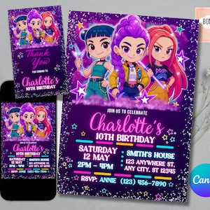 May include: Purple birthday party invitation with cartoon characters and the text "Charlotte's 10th Birthday." Includes a matching thank you card and a phone displaying the invitation. The invitation details the date, time, and location.