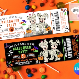 Puede incluir: Dos momias de dibujos animados vestidas como Mickey Mouse y Minnie Mouse sosteniendo calabazas. La imagen es una invitación a una fiesta de Halloween con el texto "Join us if dare to our Halloween Party" y "October 31 at 4:00PM" y "At the Noah's House".