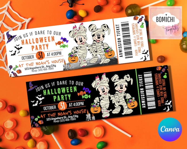 May include: Two cartoon mummies dressed as Mickey Mouse and Minnie Mouse holding pumpkins. The image is a Halloween party invitation with the text "Join us if dare to our Halloween Party" and "October 31 at 4:00PM" and "At the Noah's House".
