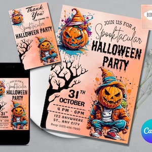 EDITABLE Spooky Party Invitation, Pumpkin Halloween Invitation, Pumpkin Thank You Tag