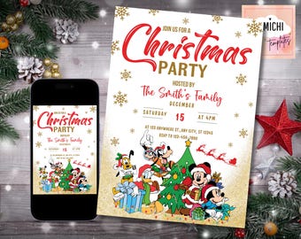 May include: A Christmas Party invitation with red and gold text, featuring the text "Join us for a Christmas Party" and "The Smith's Family". The invitation includes cartoon characters and a Christmas tree. A smartphone displays the same invitation.