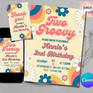 Zwei Groovy Einladung Vorlage, Retro 2. Geburtstagsfeier, Hippie 70er Jahre Party Einladung, bearbeitbar Zwei Groovy zweite Geburtstagseinladung