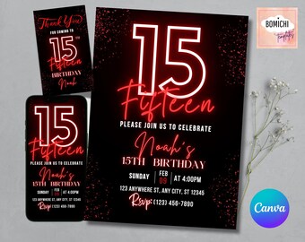 Puede incluir: Conjunto de invitación de cumpleaños negro y rojo con el número 15 en estilo neón. La invitación incluye el texto "Únase a nosotros para celebrar el 15 cumpleaños de Noah" e información de RSVP. También se incluye una tarjeta de agradecimiento y una pantalla de teléfono.