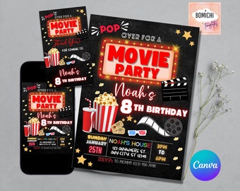 Movie Birthday Invitation, Cinema Party, Canva Template