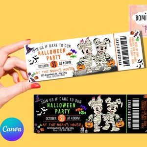 May include: A Halloween party invitation ticket with a black and white striped background. The ticket features a cartoon image of Mickey Mouse and Minnie Mouse dressed as mummies. The text on the ticket reads "Join us if dare to our Halloween Party" and includes the date, time, and location of the party.