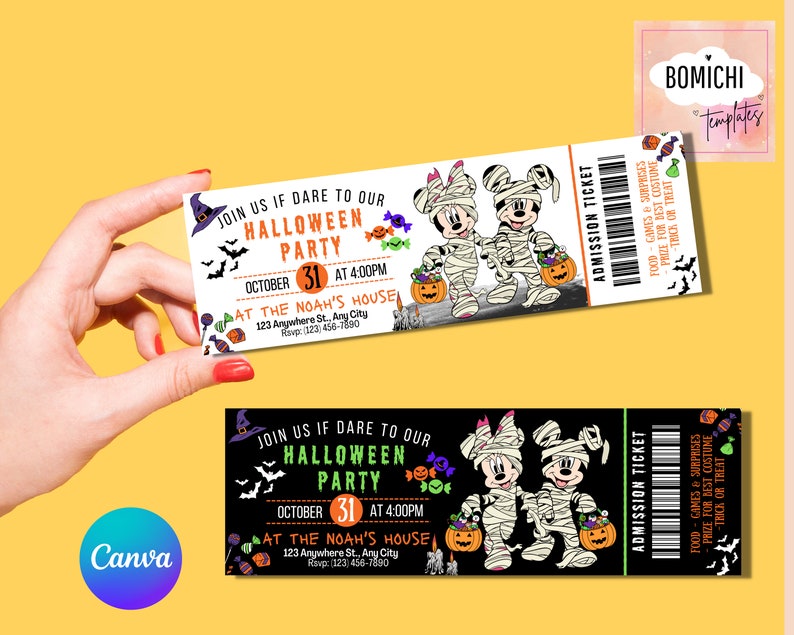 May include: A Halloween party invitation ticket with a black and white striped background. The ticket features a cartoon image of Mickey Mouse and Minnie Mouse dressed as mummies. The text on the ticket reads "Join us if dare to our Halloween Party" and includes the date, time, and location of the party.