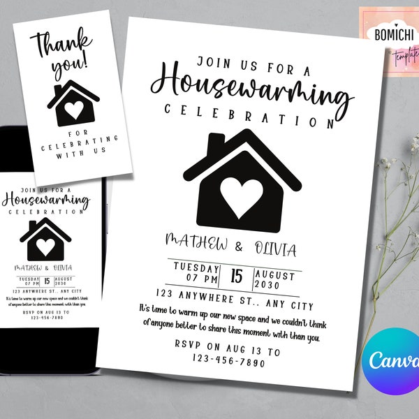 Housewarming Invite, Editable Housewarming Invitation, Printable Home Sweet Home Card, FRRE thank you tag, INSTANT DOWNLOAD