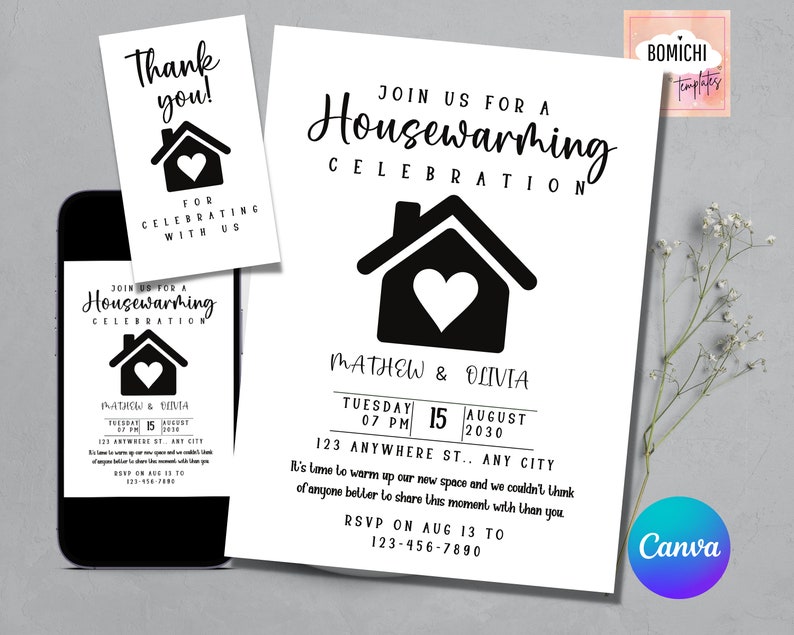Housewarming Invite, Editable Housewarming Invitation, Printable Home Sweet Home Card, FRRE thank you tag, INSTANT DOWNLOAD image 1