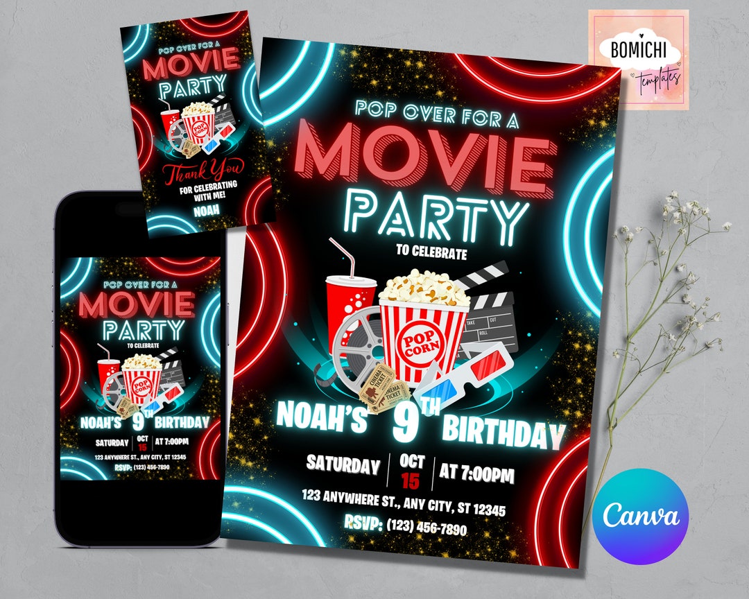 Movie Birthday Invitation, Cinema Birthday Invitation, Pop on Over
