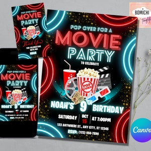 映画誕生日招待状、映画館誕生日招待状、ポップオンオーバー誕生日招待状、映画チケット招待状、テキストメッセージ招待状