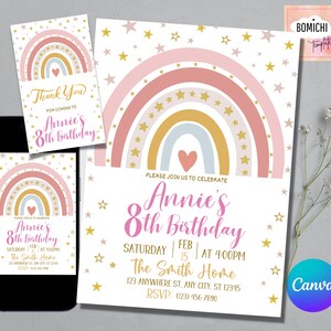 Rainbow Birthday Invitation for Girls, Gold Stars Modern/Boho Rainbow, Fun Girls Birthday Invitation Template, Editable Printable Download
