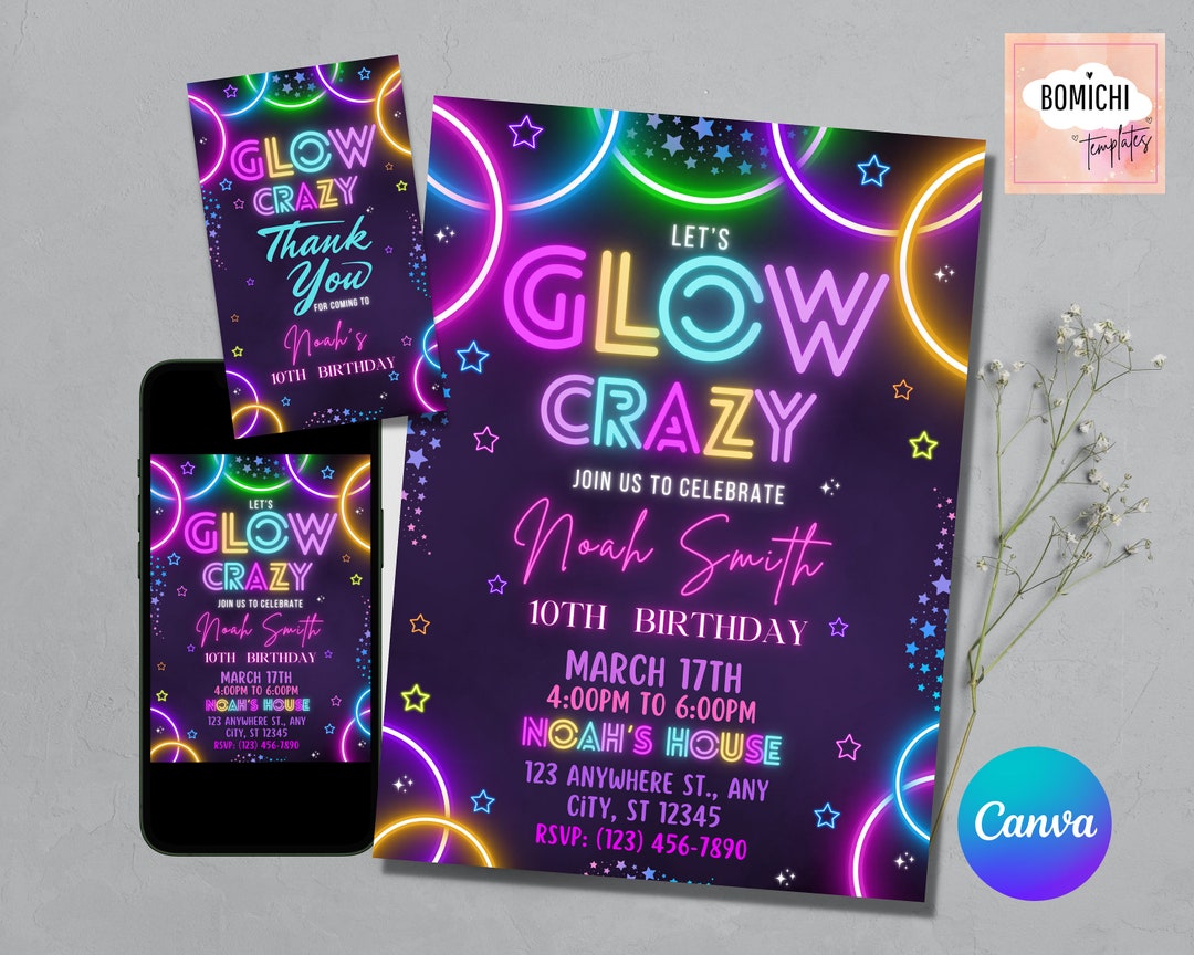 Neon Glow Birthday Party Invitation, Editable Template (digital