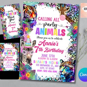 Party Animals Leopard Print Jungle Birthday Party Invitation, Editable Rainbow Cheetah Safari Invitation Template, FREE Thank You Tag