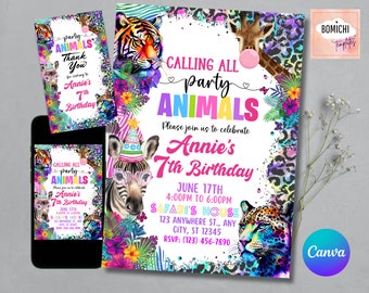 Invitación de cumpleaños con estampado de leopardo en la jungla, guepardo arcoíris, animales de fiesta (editable en Canva)