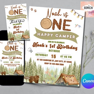 Editable Happy Camper Invitation, One Happy Camper Birthday Invitation, One Happy Camper First Birthday Invite Template FREE Thank You Tag