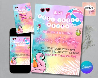 Pool Party Birthday Invitation, Kids Swim Party, Canva Template (Digital)