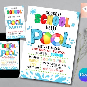 Auf Wiedersehen Schule Hallo Pool-Einladung, Pool-Party-Einladung, Iphone Einladung, Sommer-Schwimmbad-Party, Jahresende-Party, FREE Karte