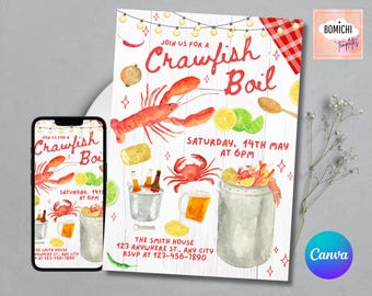 May include: A watercolor invitation for a crawfish boil. The invitation is red, white, and blue with a crawfish, corn, lemons, and limes. The text reads "Join us for a Crawfish Boil" and "Saturday, 14th May at 6pm".