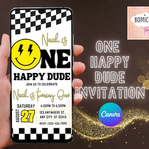 One happy dude invite, One Happy Dude Birthday Invite DIGITAL, Retro Smile Face First Birthday Phone Invitation, Happy Face Birthday Invite.