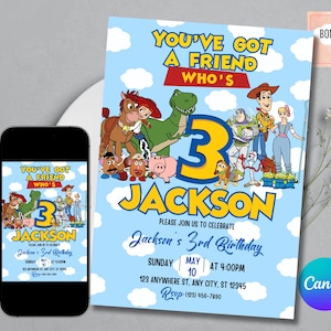May include: A blue birthday invitation featuring cartoon characters and the text "YOU'VE GOT A FRIEND WHO'S" and "3 JACKSON". The invitation is for "Jackson's 3rd Birthday". A smartphone shows the same design.