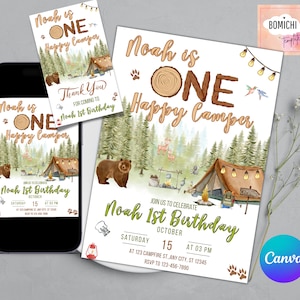 One Happy Camper Birthday Invitation Template, Camping 1st Birthday Invite, Editable One Happy Camper Invitation, FREE Thank You Tag