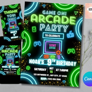 May include: Neon green and blue arcade-themed birthday party invitation with a black background. The invitation says "Game On! Arcade Party" to celebrate Noah's 9th birthday. The invitation includes a retro arcade game graphic with the words "Game Over" on the screen. The invitation also includes a game controller graphic and a diamond graphic. The invitation includes the date, time, and RSVP information.