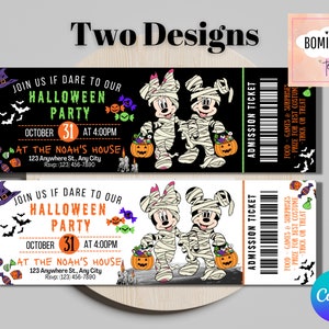 May include: Two printable Halloween party ticket designs featuring Mickey Mouse and Minnie Mouse dressed as mummies. The tickets are black and white with green and orange accents. The text on the tickets reads "Join us if dare to our Halloween Party" and "Admission Ticket".