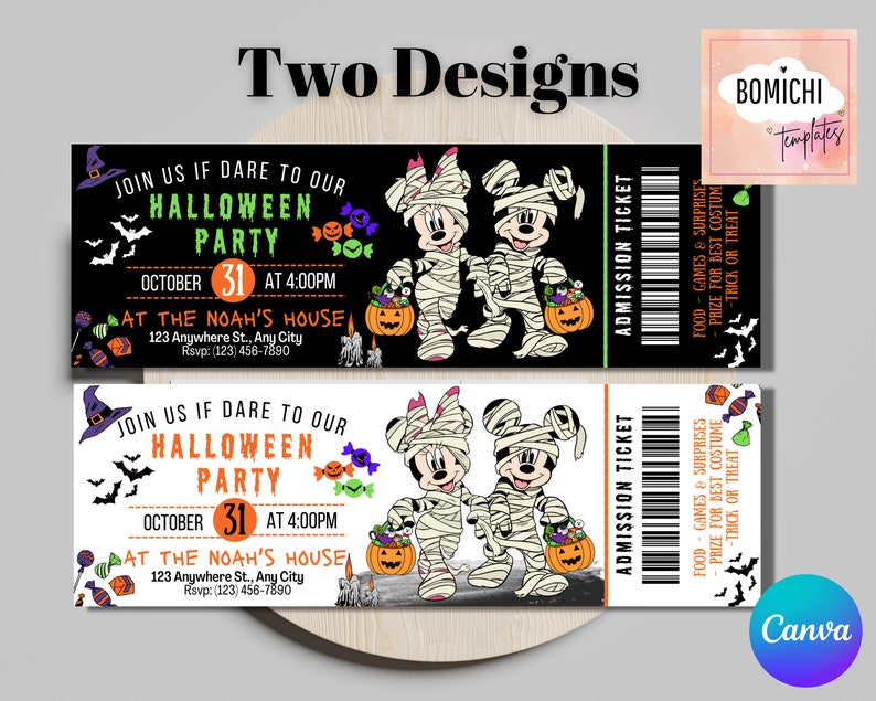 May include: Two printable Halloween party ticket designs featuring Mickey Mouse and Minnie Mouse dressed as mummies. The tickets are black and white with green and orange accents. The text on the tickets reads "Join us if dare to our Halloween Party" and "Admission Ticket".