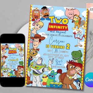 May include: A birthday party invitation with characters from a popular animated film. The invitation is light blue with the text "Two Infinity and Beyond" and party details. A smartphone displays the same design.
