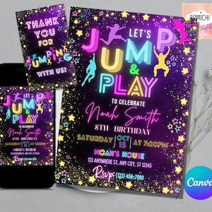 Jump Party Invitation, Trampoline Park Birthday Invitation, Trampoline Invitation, Jump Birthday Party Invitation, Glow Galaxy