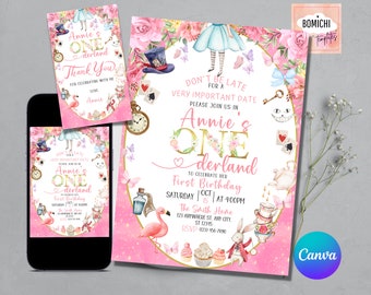 May include: Pink and white Alice in Wonderland themed first birthday party invitation with gold accents. The invitation features a whimsical illustration of Alice, the Mad Hatter, the Cheshire Cat, and other characters from the story. The text on the invitation reads "Don't be late for a very important date. Please join us in Annie's One-derland to celebrate her first birthday. Saturday, October 15th at 4:00 PM. The Smith Home, 123 Anywhere St., Any City, ST 12345. RSVP (423) 456-7890."