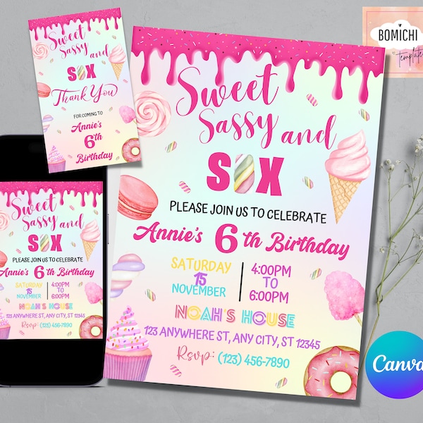 Candy SWEET SASSY and SIX girl birthday invitation, birthday invite, cotton candy sweets donut ice cream cupcake, Free Thank you tag
