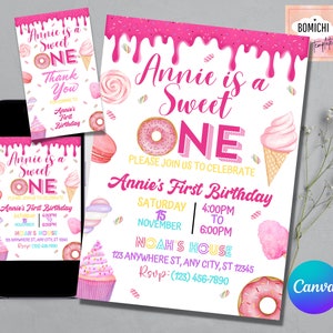 Sweet One Birthday Invitation Pastel Sweets Invite Donut Candy Ice cream Cupcake 1st Birthday Dessert Candyland First Birthday Invite