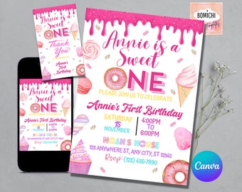 Sweet One Birthday Invitation Pastel Sweets Invite Donut Candy Ice cream Cupcake 1st Birthday Dessert Candyland First Birthday Invite